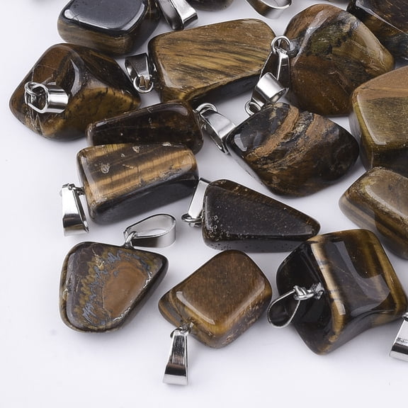 24pc Natural Tiger Eye Pendants with Stainless Steel Snap On Bails Nuggets 15~35x10~20x5~15mm Hole: 3x7.5mm DIY