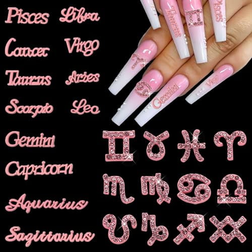 24pc Pink Alloy Zodiac Nail Charms - 12pc Zodiac Signs, 12pc Constellation Words for Women Girls Nail Art