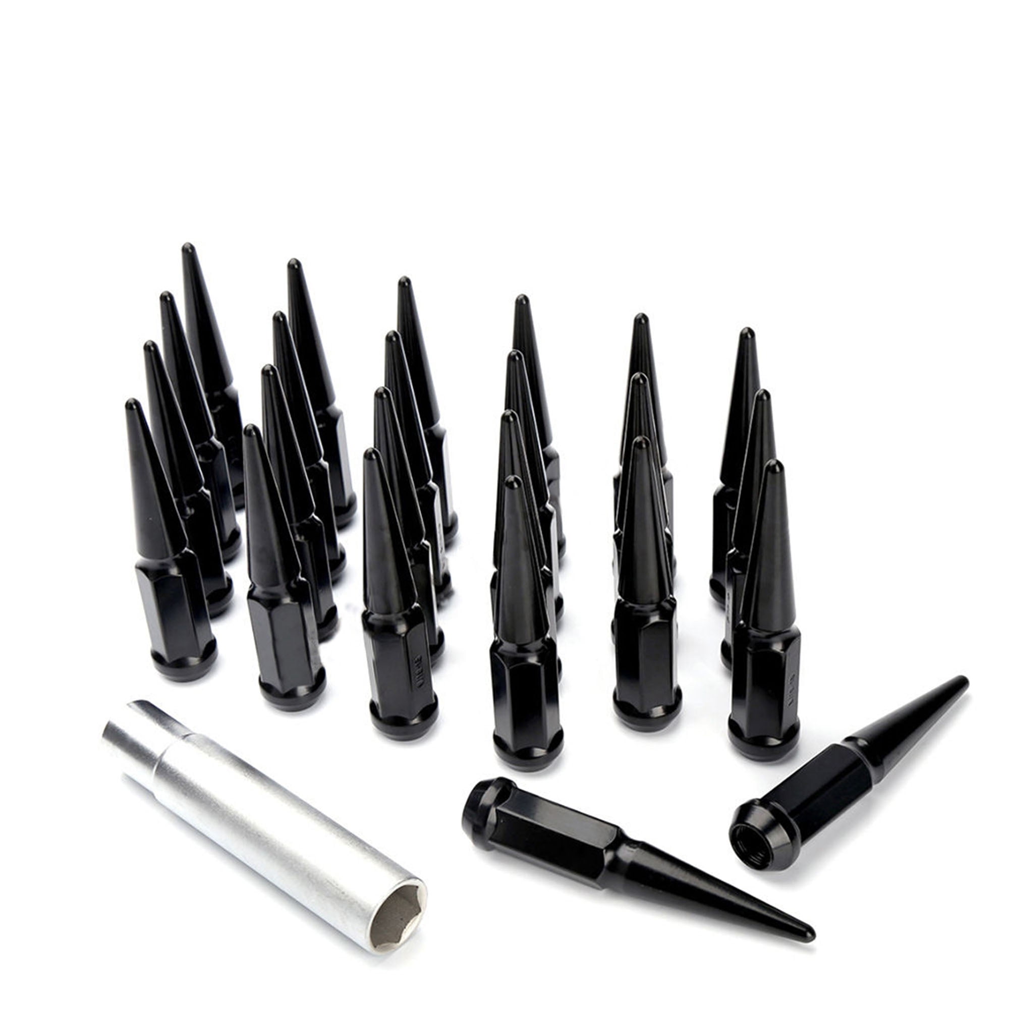 24pc Premium Black SPIKED 12x1.25 Extended Lug Nuts 4.4" OFF-ROAD SPIKE Metal Lugz Nut w/Key