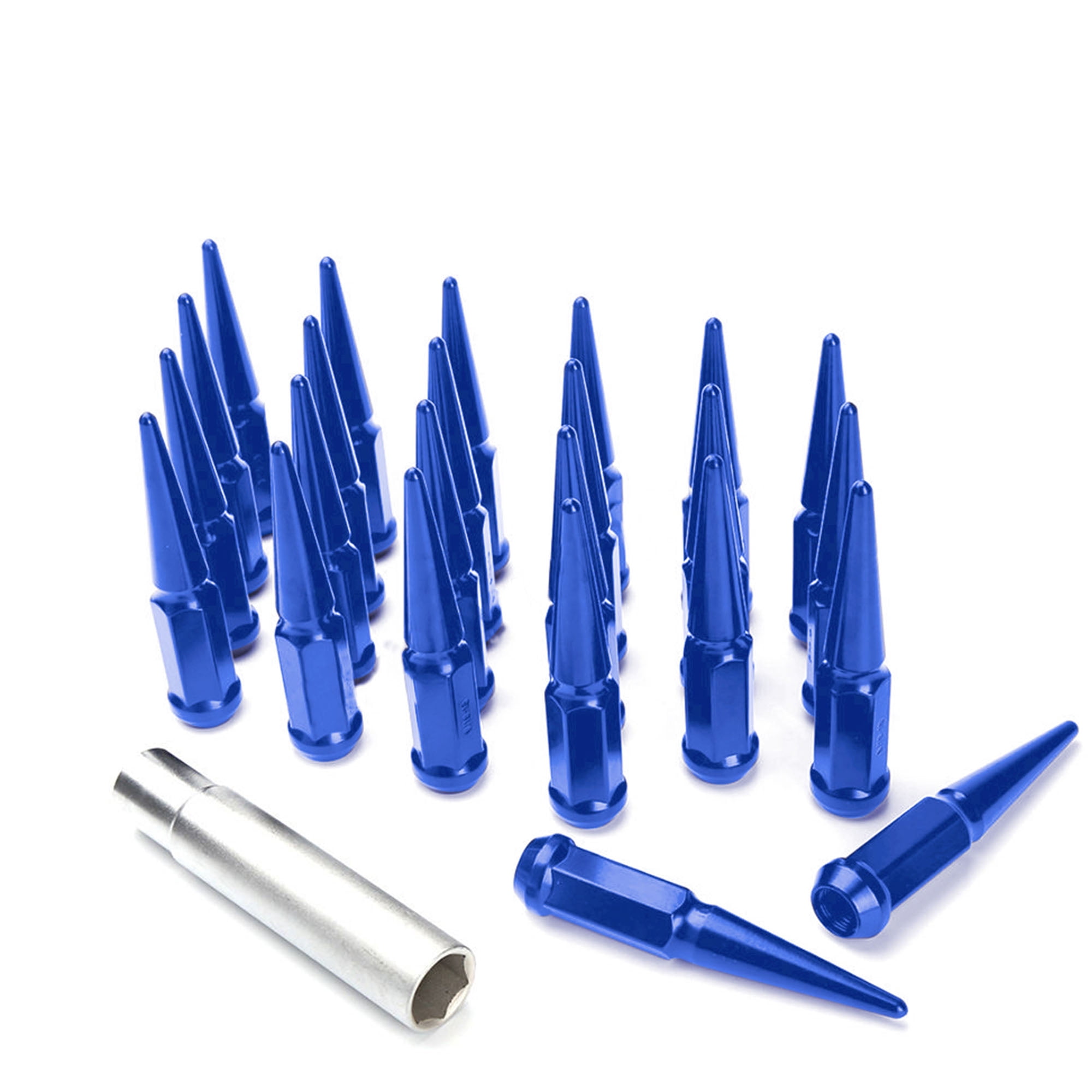 24pc Premium Blue SPIKED 12x1.25 Extended Lug Nuts 4.4" OFF-ROAD SPIKE Metal Lugz Nut w/ Key
