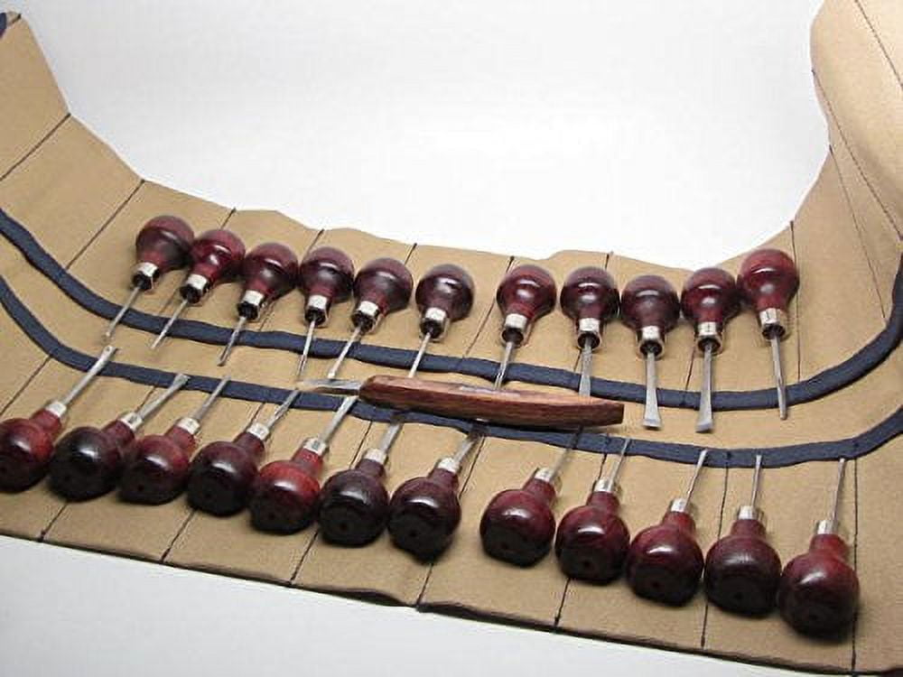 24pc Ramelson Palm Woodcarving Gunsmith Tools Gouges V U Chisels Canvas ...