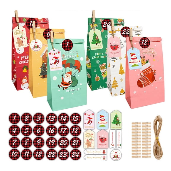 24pc Xmas Gift Bags Christmas Kraft Paper Bag Tote Bag Christmas Eve Gift Wrapping Package Christmas Calendar Holiday Decor
