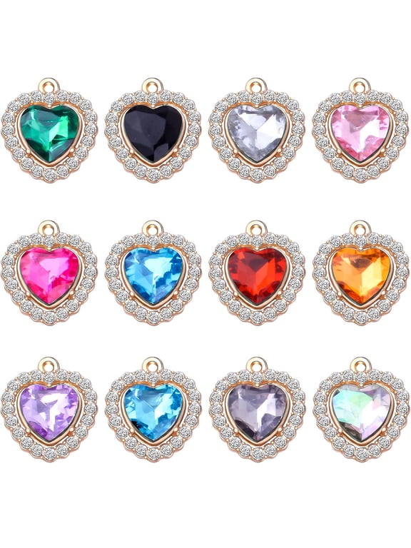 24pcs 12 Colors Rhinestone Heart Charms Cubic Zirconia Alloy Crystal Beads Pendants Charms for DIY Earrings Necklace Bracelet Crafts Jewelry Making Tiny Dangle Accessories