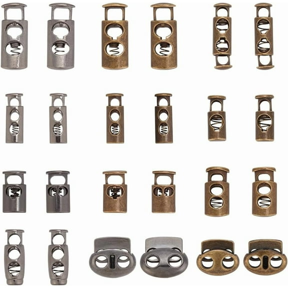 24pcs 12 Styles Alloy Toggle Stoppers Single/Double Hole Spring Loaded Stop Sliding Cord Fastener Locks Buttons for Backpacks Shoelace Replacement Bronze Gunmetal