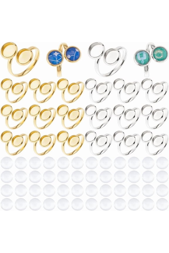 24pcs 2 Colors Stainless Steel Ring Base Finger Ring Blank Base Open Cuff Ring Bezel Tray Flat Round Pad Ring Base with 48pcs Glass Cabochons for DIY Ring Making Crafts DIY