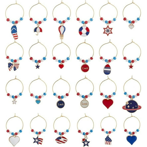 24pcs 24 Style Independence Day Themed Wine Glass Charms American Flag Wine Charms with Brass Wine Glass Charm Ring for Wedding Reception Beach Party Wine Glass Markers