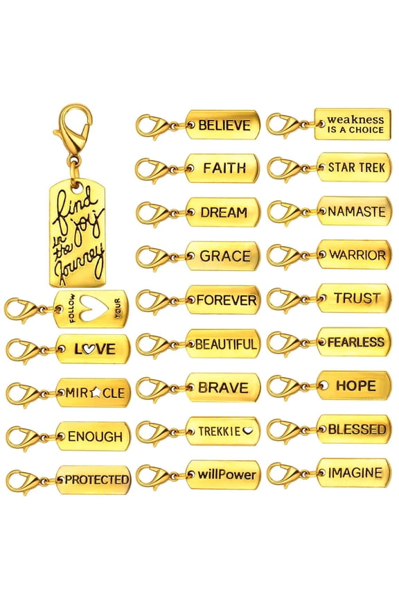 24pcs 24 StylesAntique Golden Clip-on Inspiration Charms Engraved Motivational Word Dangle Pendant Charms with Lobster Clasp for DIY Jewelry Making Accessory