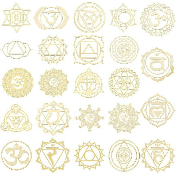 24pcs 24 Styles Chakras Stickers Mixed Patterns Golden Energy Stickers Theme Metal Decals Brass Self-Adhesive Decals for DIY Scrapbooking Phone Water Bottle Studio Decor