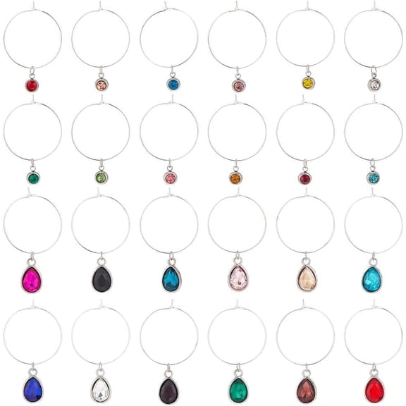 24pcs 24 Styles Wine Glass Markers - Drop & Flat Round Rhinestone Birthday Stone Charm for Wedding Reception Beach Party