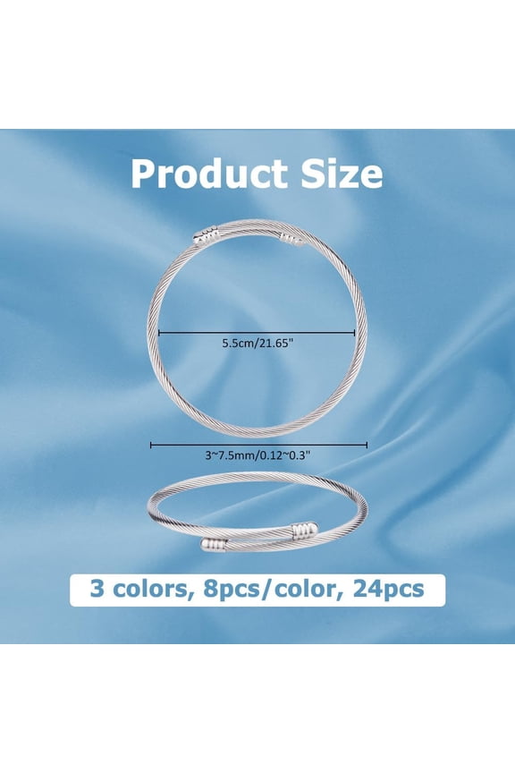 24pcs 3 Colors Twisted Cable Wire Bracelets Stainless Steel Open Cuff Bracelet Twist Bangles Bracelets Adjustable Expandable Bracelet for Women DIY Jewelry Making Supplies