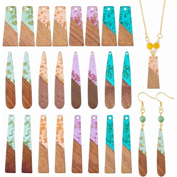 24pcs 3 Styles Resin Wood Charms Resin Pendants Wood Charms Resin Art Pendants 1.2~1.7" Teardrop Trapezoid Charms for Necklace Making Earring Charms for Jewellery Making DIY Crafts Mixed Color