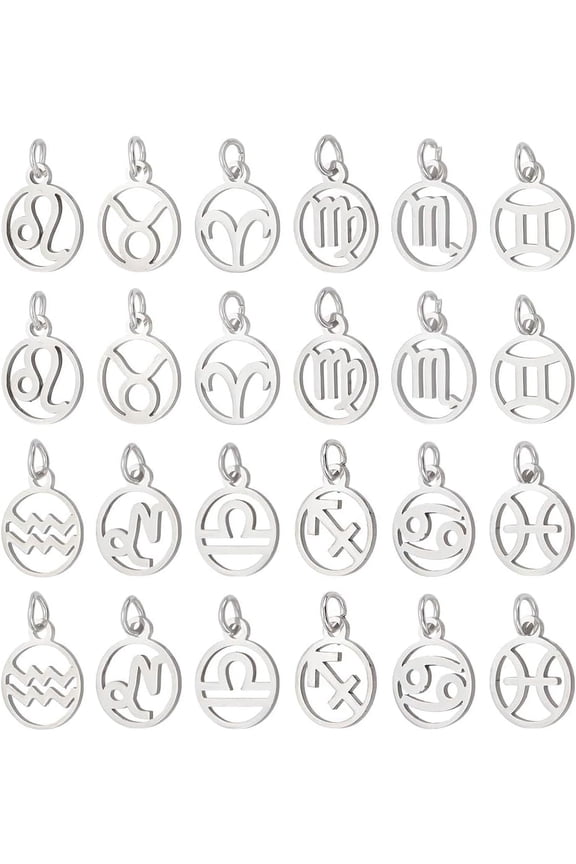 24pcs 304 Stainless Steel 12 Constellations Charms Zodiac Sign Pendants Charms Flat Round with Constellation Pendants Astrology Horoscope Charms