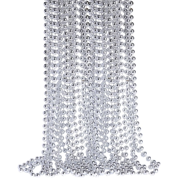 24pcs 33 Inch Metallic Hot Pink Bead Necklaces Bulk Round Beaded Necklaces Costume for Mardi Gras Party Christmas Festive Events (24pcs silver)