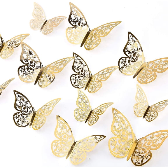 24pcs 3D Butterfly Wall Stickers 3 Sizes Butterfly Wall Decals Room (Golden)