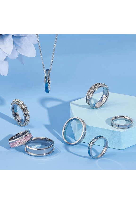 24pcs 3Styles Blank Core Ring 8 Sizes Stainless Steel Grooved Ring with Velvet Pouches Round Blank Ring for Inlay Ring Jewelry Making Gift Stainless Steel Color