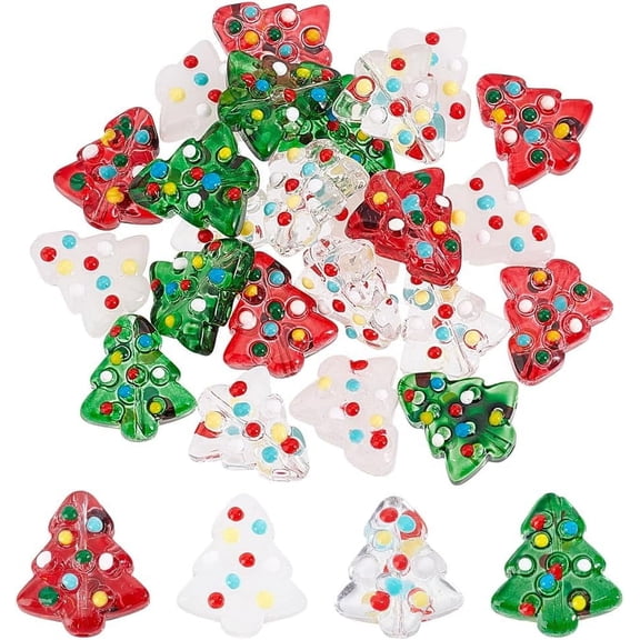 24pcs 4 Colors Christmas Tree Beads 16mm Lampwork Glass Christmas Beads Xmas Tree Beads Red Green Spacer Beads Loose Bumpy Beads for Earring Bracelet Jewelry Making Christmas Decoration