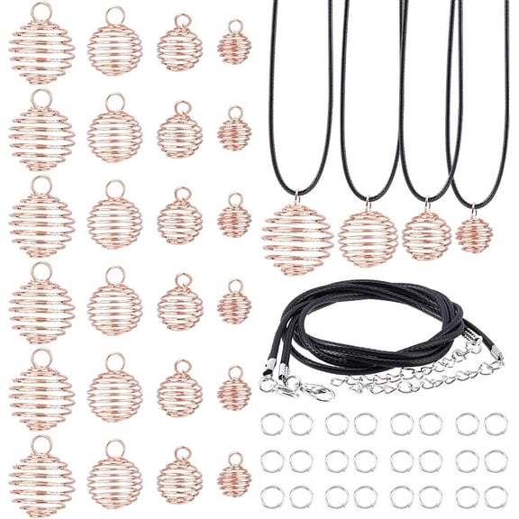 24pcs 4 Sizes Spiral Bead Cages Pendants Stone Holder Necklace Cage 24 Strands 17 Inch Black Leather Necklace Cord 50pcs 6mm Open Jump Ring Rock Tumbler Jewelry Making Rose GoldBlack