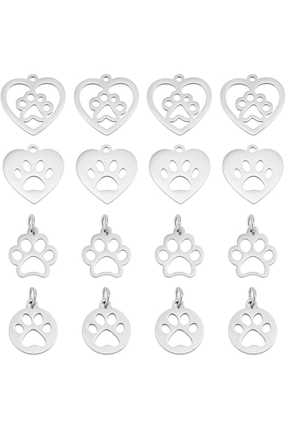 24pcs 4 Styles Stainless Steel Dog Paw Prints Charm Heart Pendants Puppy Prints Pet Print Charms Animal Footprint Charm Jewelry Findings for Jewelry Necklace Bracelet Making Supplies Silver