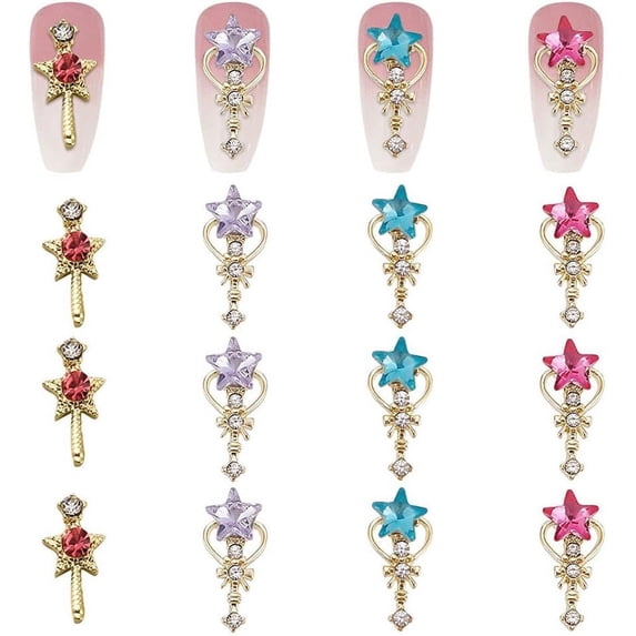 24pcs 4 colors Alloy Rhinestones Cabochons Nail Art Decoration Accessories Light golden Magic Scepter Mixed color 15x7x4mm 6pcs/color