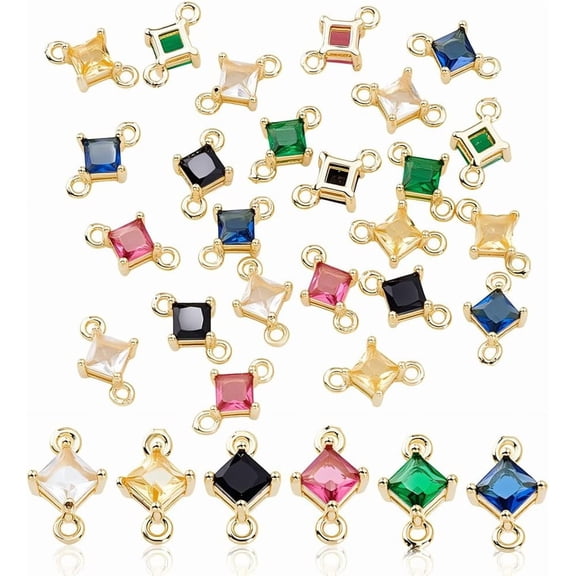 24pcs 6 Colors Square Birthstone Charms Rhinestone Gemstones Pendants Double Loop Cubic Zirconia Connectors for DIY
