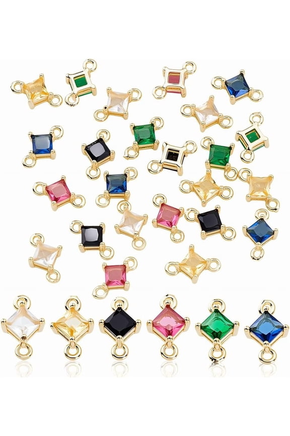 24pcs 6 Colors Square Birthstone Charms Rhinestone Gemstones Pendants Double Loop Cubic Zirconia Connectors