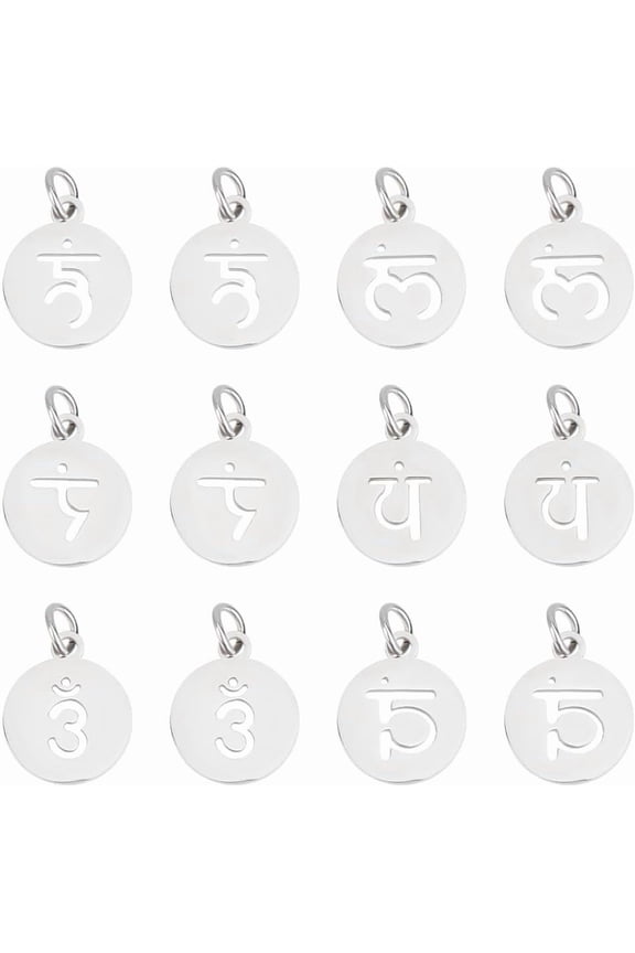 24pcs 6 Styles Aum Charm Flat Round with Ohm Charms with Jump Ring Stainless Steel Round Yoga Charm Pendant