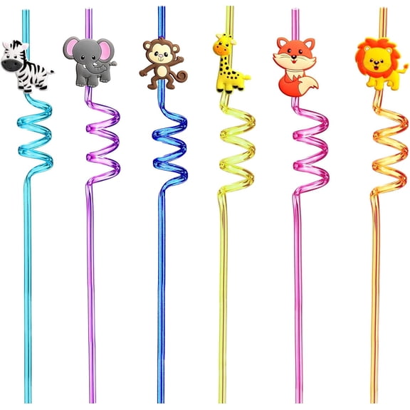 24pcs (6 Styles) Drinking Plastic Straws Reusable Forest Animal Design Reusable Straws with 2 Brushes for Birthday Pool Underwater Party Decorations Gift (Forest Animals design 24pcs)