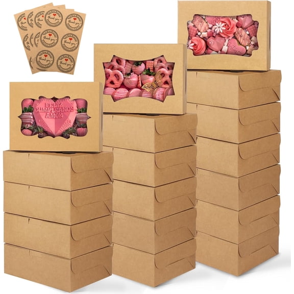24pcs 8x6x2.5 Inches Brown Cookie Boxes, Bakery Boxes with 3 Style Window and Stickers, Treat Boxes for Chocolate Strawberries, Donuts, Cupcakes, Muffins and Dessert