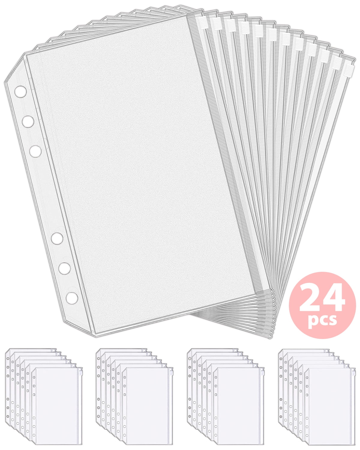 24pcs A6 Binder Pockets, 6 Holes Clear Zipper Folders Loose Leaf Bags