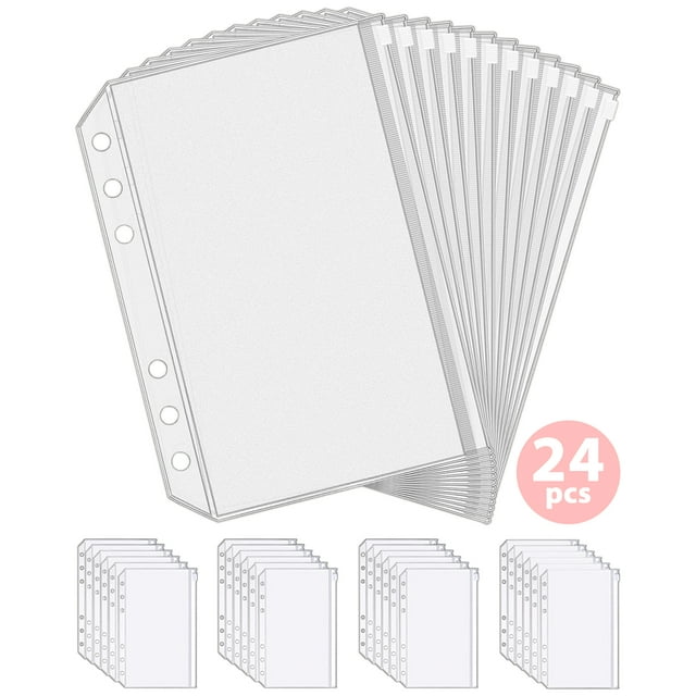 24pcs A6 Binder Pockets, 6 Holes Clear Zipper Folders Loose Leaf Bags