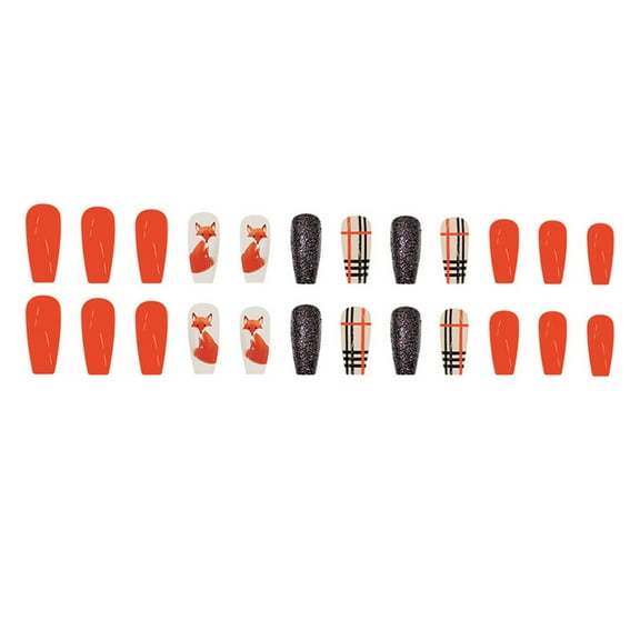 Press On Nails Fall False Nails Full Coverage 24pcs Thanksgiving Foxes Stick on Nails for Fall Fashion Acrylic Nails