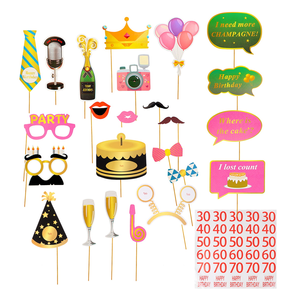 24-Piece Birthday Photo Booth Props - Gold & Black Party Decor