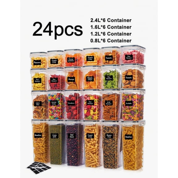 24pcs Airtight Food Storage Containers Set With Lids,Plastic Kitchen And Pantry Organization Canisters For Cereal Flour, Pasta, With Labels