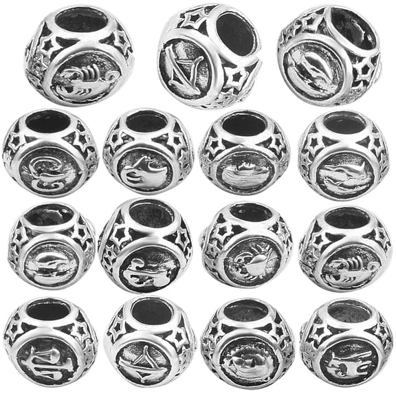 24pcs Alloy 12 Constellations Carved Beads,European Large Hole Beads Lucky Charms Zodiac Loose Spacer Beads for DIY Bracelet Crafts Jewelry Making, Antique Silver