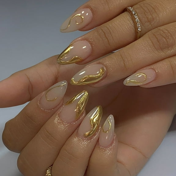 24pcs Almond Glossy Acrylic Nails Full Covers on Nails Manicure Nails Art with Gold Line Designs
