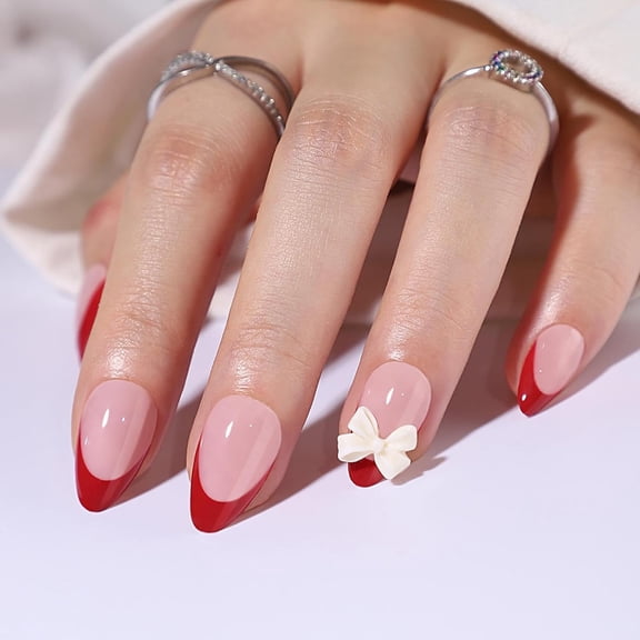 24pcs Almond Press on Nails Short Fake Nails Red French tip False Nails with Design Bow Glue on Nails Acrylic Nails Press ons,Reusable French Nails for Women Girls Manicure Almond C 24 Fl Oz (Pack of