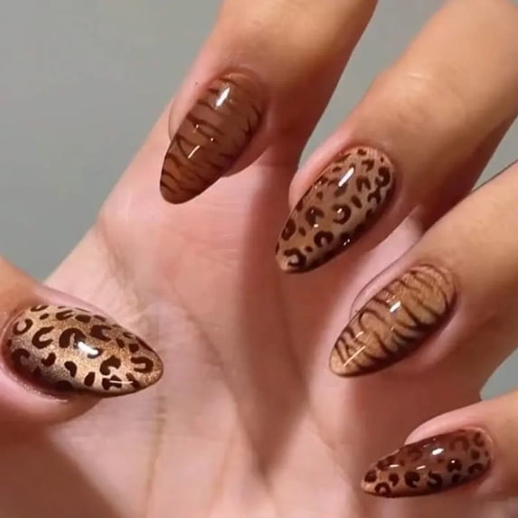 24pcs Almond Shape Wearable False Nails, Brown Leopard Print Women's ...