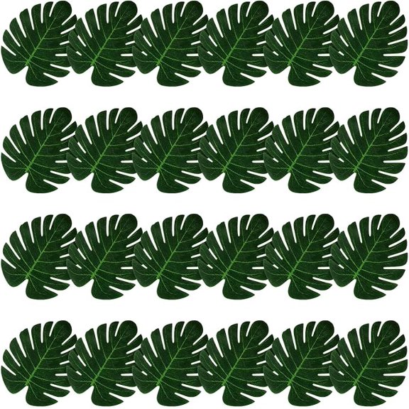 24pcs Artificial Palm Leaves, 7 Inch Tropical Faux Leaves Green Faux Monstera Leaf Decor for Hawaiian Luau Jungle Party Safari Birthday Table Decorations