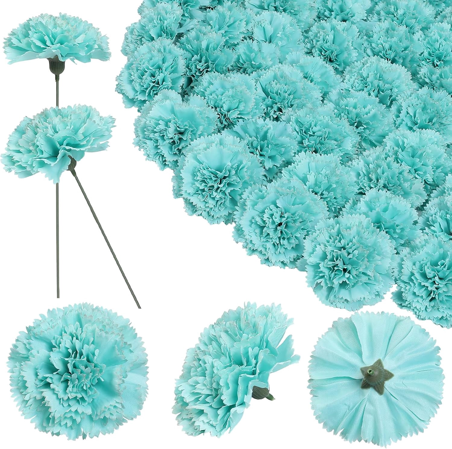 24pcs Artificial Silk Carnation Flower Heads with Stem,Lake Blue | 3.8 ...
