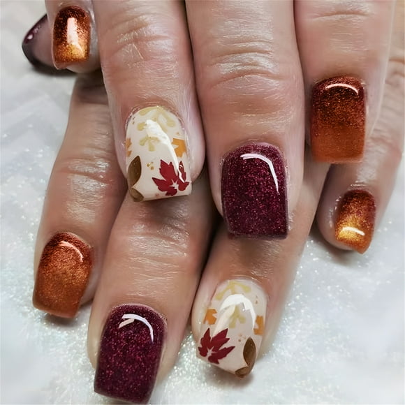 24pcs Autumn Maple Leaves Press On Nails Short Square Holiday Artificial Acrylic Stick on Nails for a Fashionable Look