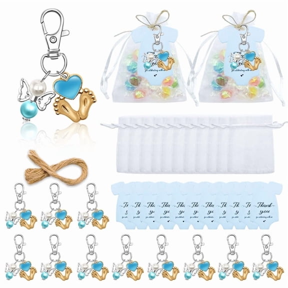 24pcs Baby Shower Favors Angelic Footprint Keychains with Organzas Bags and Cards for Party Decorations and Guest Gift
