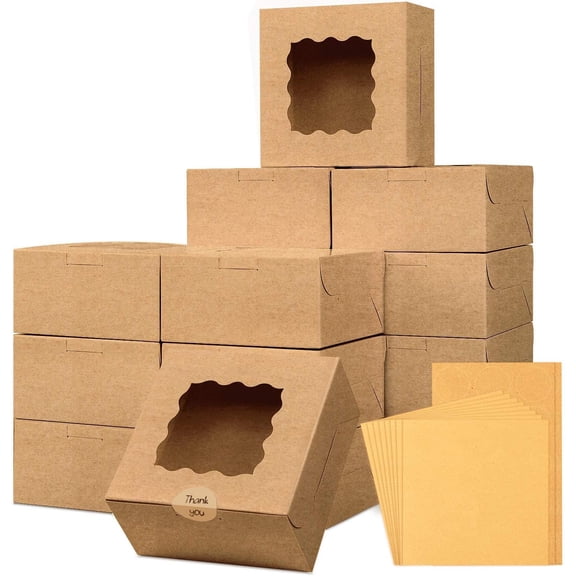 24pcs Bakery Boxes, 6x6x3in Brown Cookie Boxes, Mini Cake Boxes with Window Included Parchment Paper and Stickers, Pastry Boxes for Party, Wedding, Birthday Day