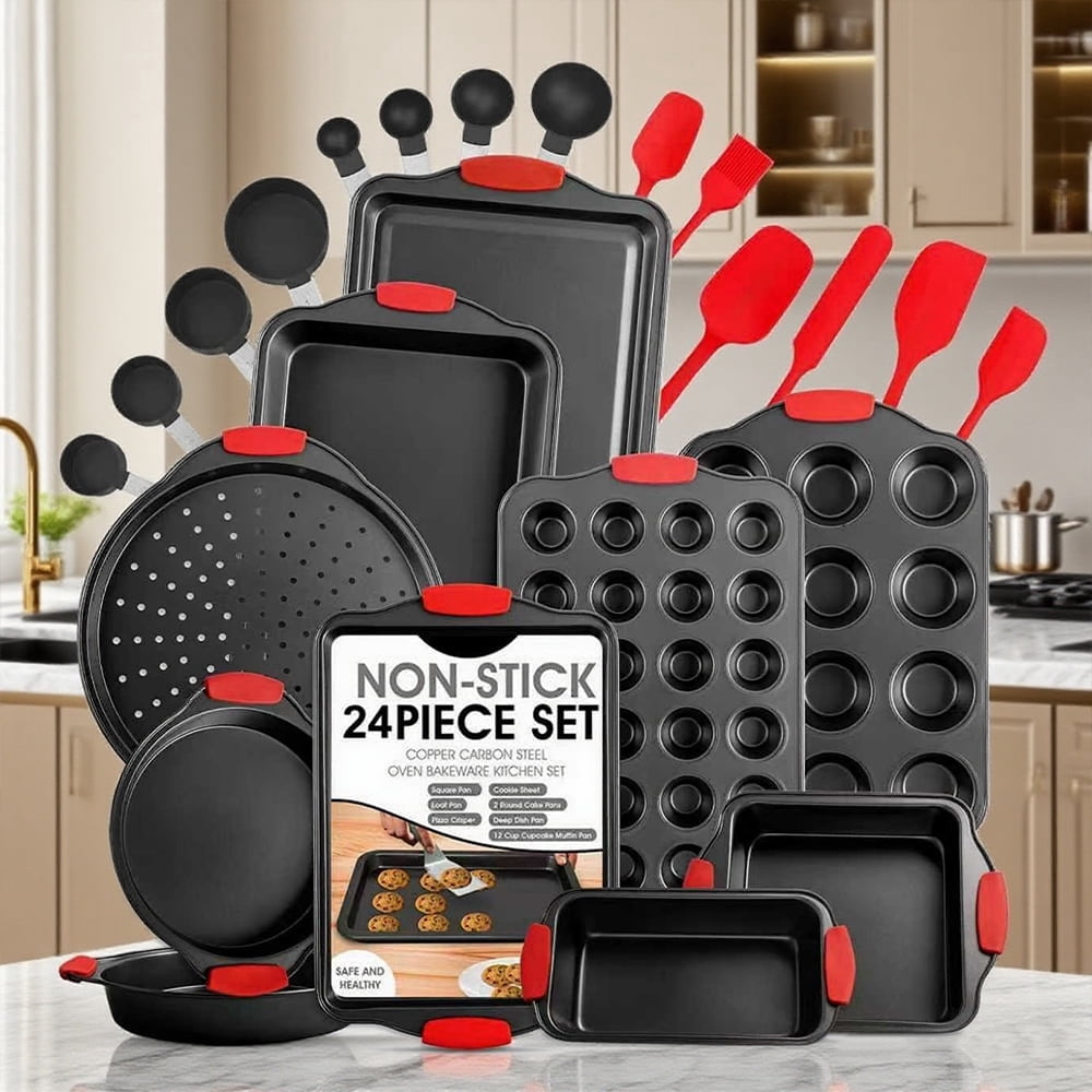 24pcs Bakeware Set Baking Pan Set Non-Stick Kitchen Oven Round/Square Cake Pan, Muffin Pan, Baking Pan, Cookie Sheet Set Baking Supplies Christmas