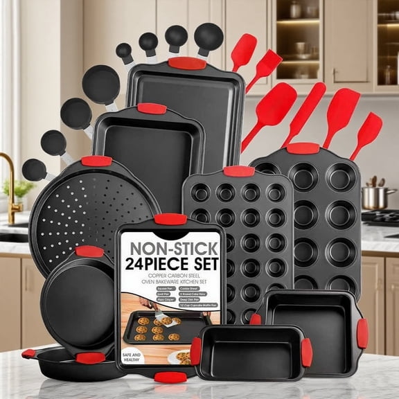 24pcs Bakeware Set Baking Pan Set Non-Stick Kitchen Oven Round/Square Cake Pan, Muffin Pan, Baking Pan, Cookie Sheet Set Baking Supplies Christmas