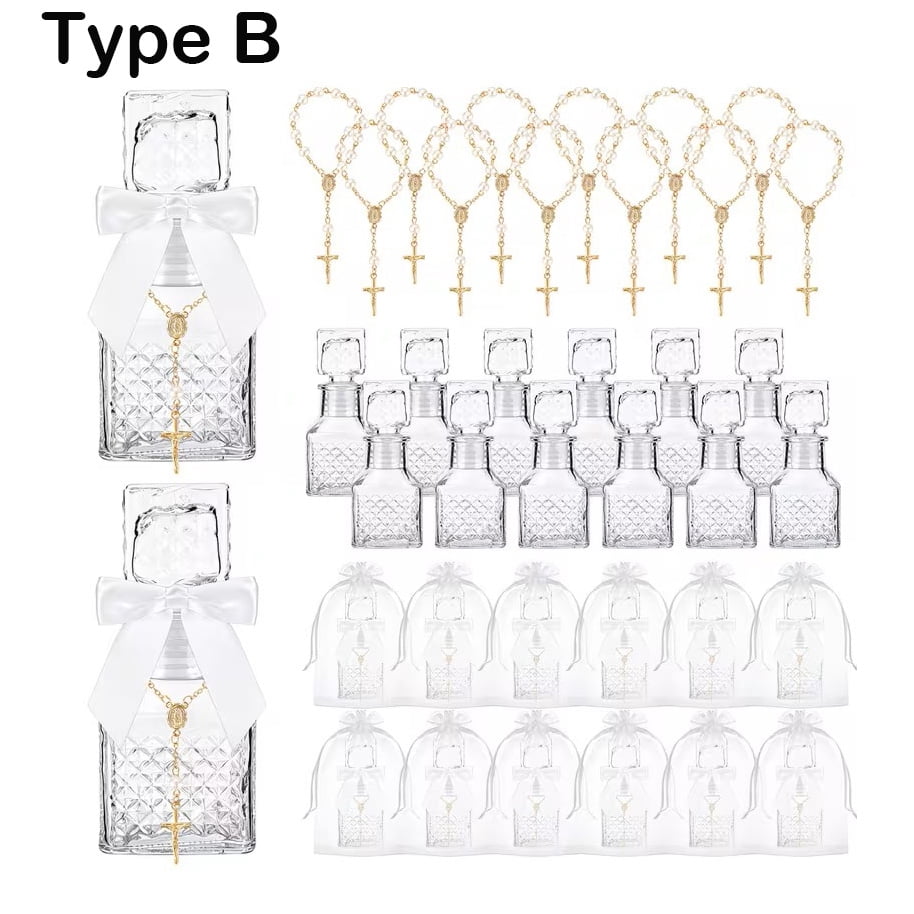 24pcs Baptism Party Supplies - Includes 12 Glass Holy Bottles And 12 Cross Rosary Bracelets - with Organza Bags (Boxed) Party Supply Set, Suitable for Weddings, Communions, Religious Events