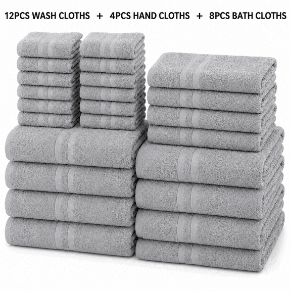 24pcs Bath Towels Set, Includes 8 Bath Towels, 12 Wash Cloths & 4 Hand Cloths, Absorbent & Quick-Drying Towels, Gift for Family & Frineds