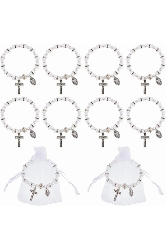 24pcs Beaded Stretch Rosary Bracelet Rosary Bead Bracelet with Mesh Bags Baptism Communion Shell Bracelets Seashell Color Catholic Bracelets with Crucifix for Women diy