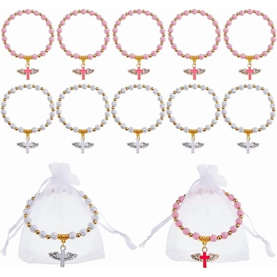 24pcs Beaded Stretch Rosary Bracelet Rosary Bead Bracelet with Mesh Bags Baptism Communion Shell Bracelets Seashell Color Catholic Bracelets with Crucifix for Women colorful DIY