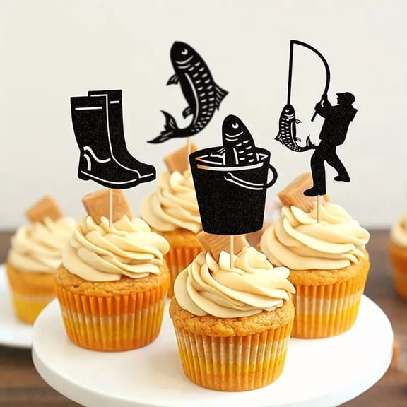 24pcs Black Fishing Cupcake Toppers for Fishing-Themed Celebrations