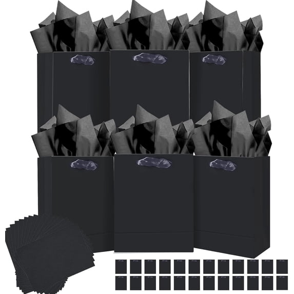 24pcs Black Gift Bags with Tissue Paper for Wedding, Birthday, Party Supplies-7.9"x4.3"x9.6" Medium Size Cardboard Gift Bags(24pcs Bags + Tissue Paper )